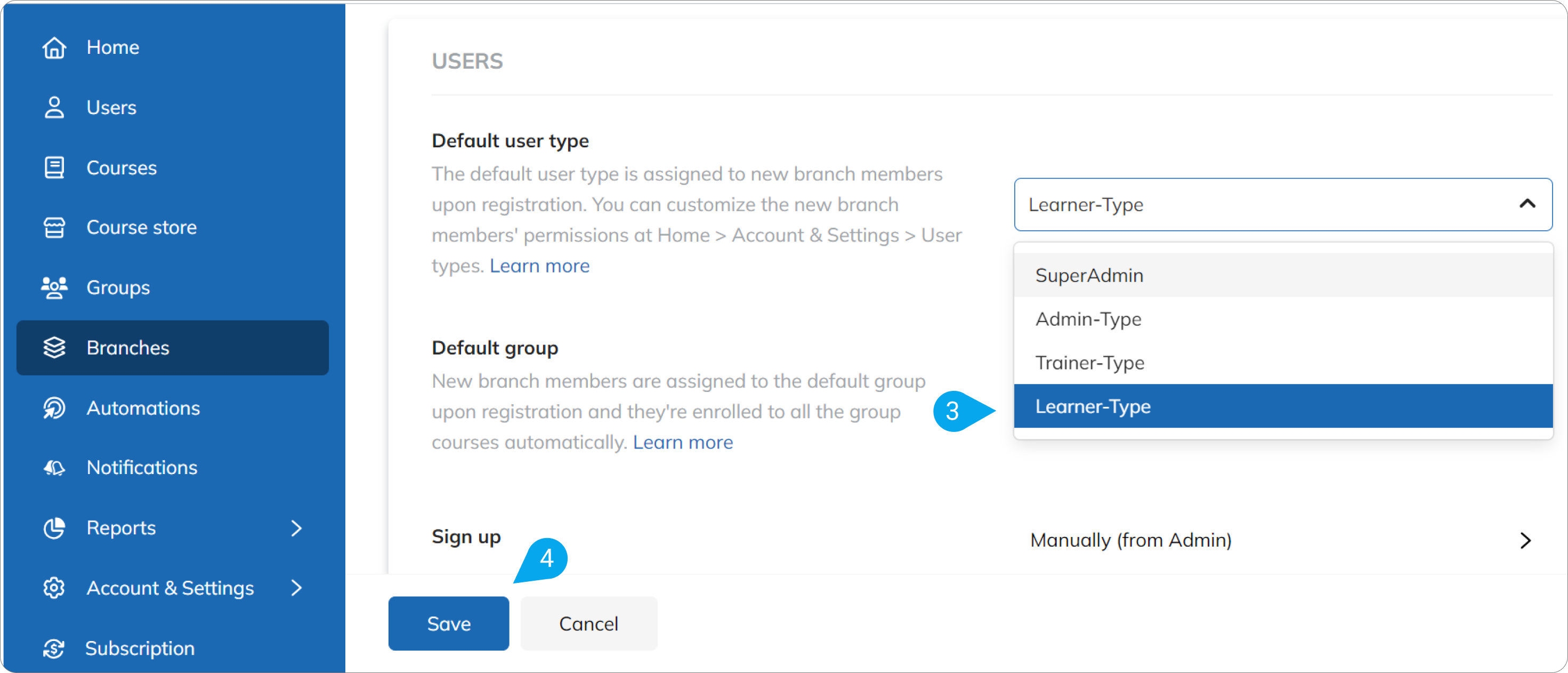 How to change the default user type of a branch in talentlms